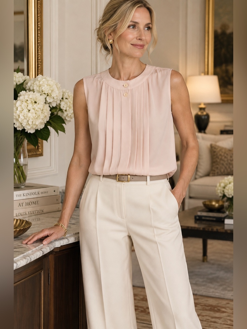 Jones New York Blush Pink Pleated Sleeveless Blouse